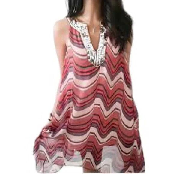 FREE PEOPLE Sequin Chevron Striped Mini Dress S A-Line Swing Pink Red EUC B15 - Picture 1 of 6